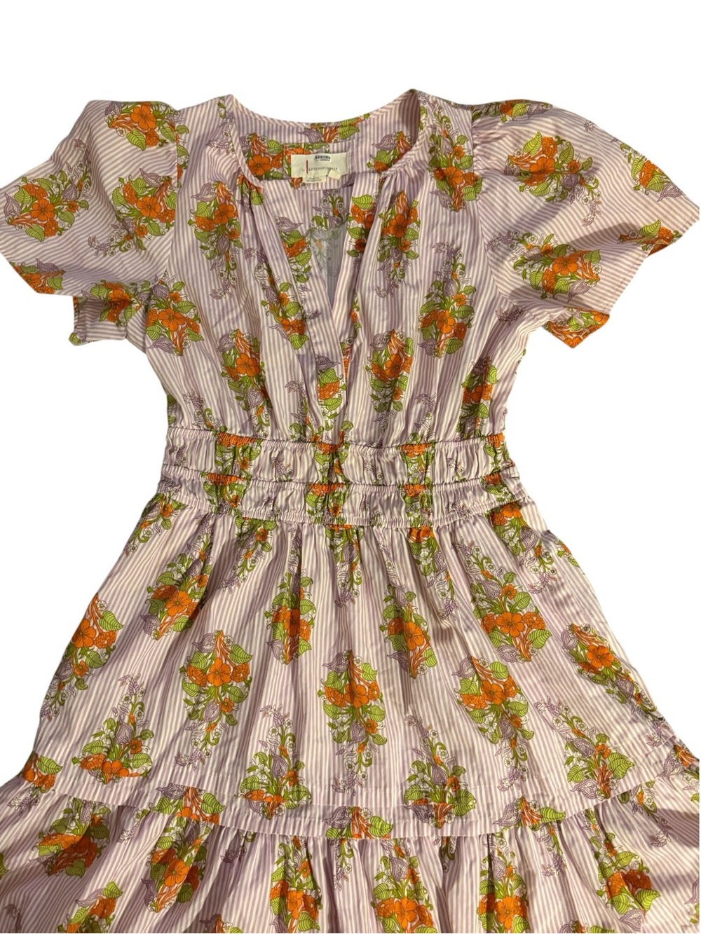 Maeve Lavender Stripe Floral Smocked Waist Dress